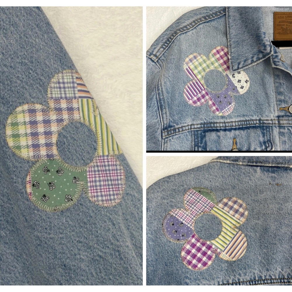Levi's Premium 90's Trucker Jacket Womens M Fresh As A Daisy Patchwork Jean Coat - Picture 16 of 16